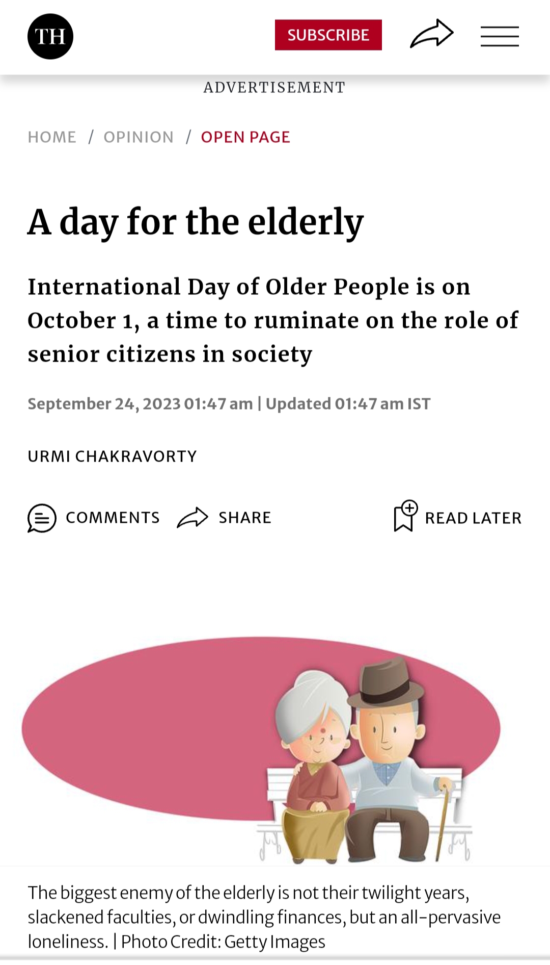 A Day for the Elderly (Open Page, The Hindu)